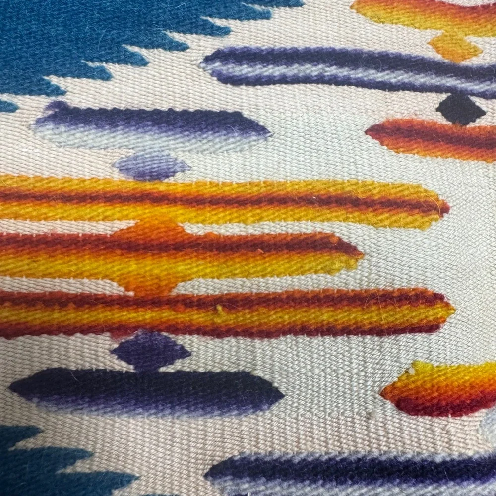 Antique Southwestern Serape Blanket Rug‎ Table Runner Fringe Teal Diamond